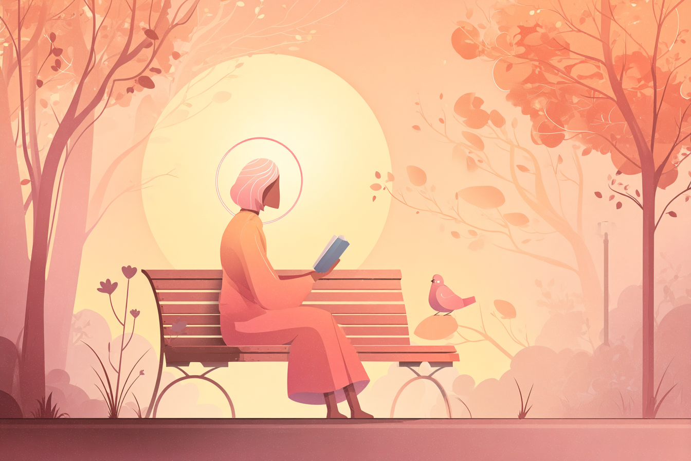 A cartoon-style illustration of a person with a soft halo sitting on a bench with an open Bible, surrounded by warm sunrise light, a blooming flower, and a bird nearby.