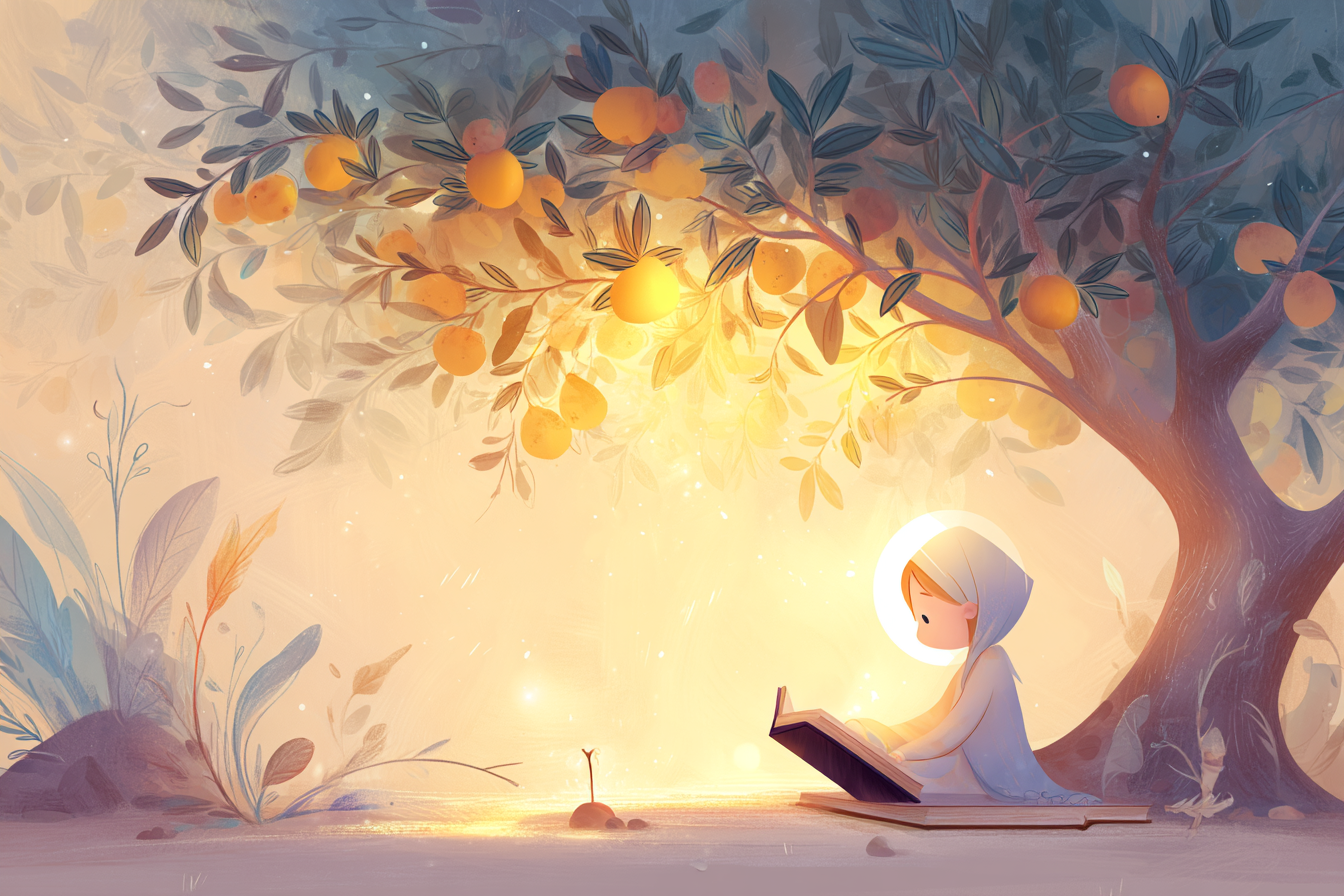 A cartoon-style illustration of a young person with a soft halo studying an open Bible under a radiant tree with glowing fruit, with a lamp, scroll, and feather quill nearby.