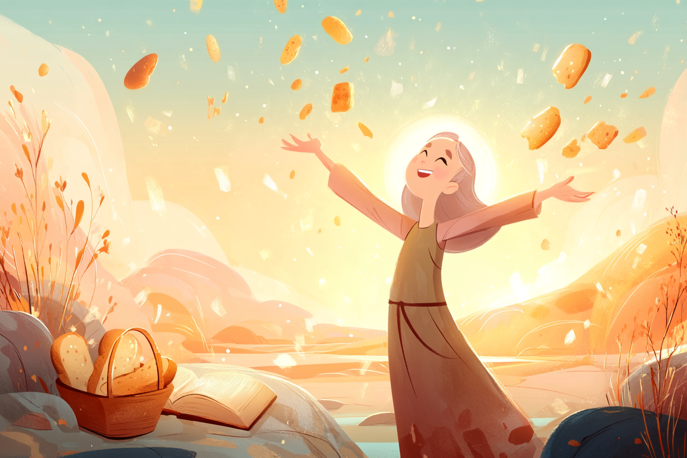 A cartoon-style illustration of a person with a soft halo joyfully receiving bread from a glowing sky, with an open Bible, a basket of fish and bread, and small plants nearby.