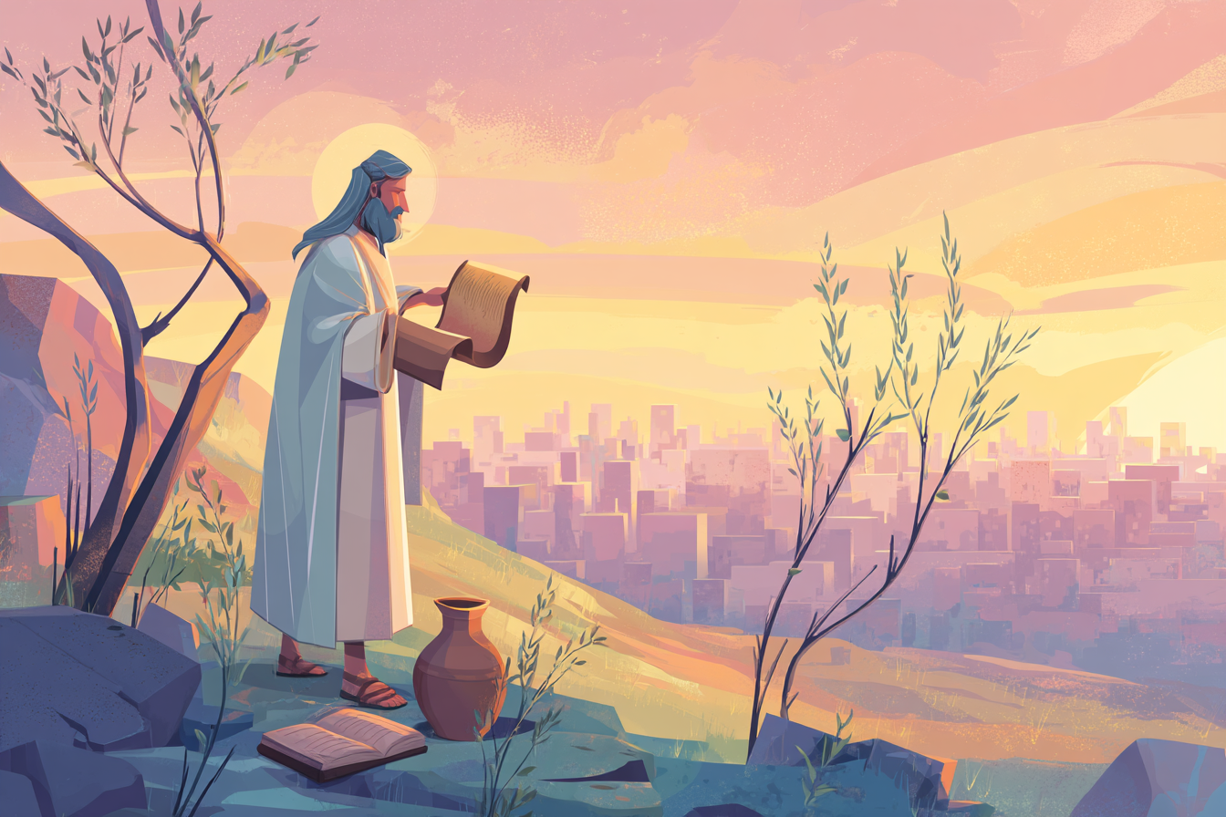 A cartoon-style illustration of the prophet Jeremiah with a soft halo standing on a hillside holding a scroll, overlooking a sunrise-lit city, with a broken pot, budding branch, and Bible nearby.