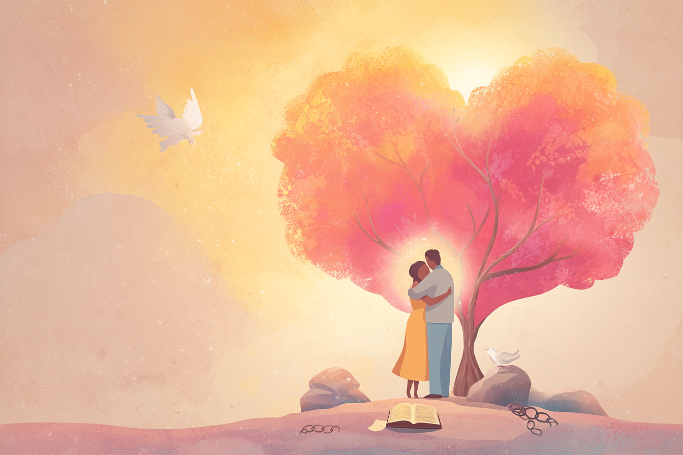A cartoon-style illustration of two people with soft halos embracing under a radiant heart-shaped tree, with broken chains, a dove flying, and an open Bible nearby.