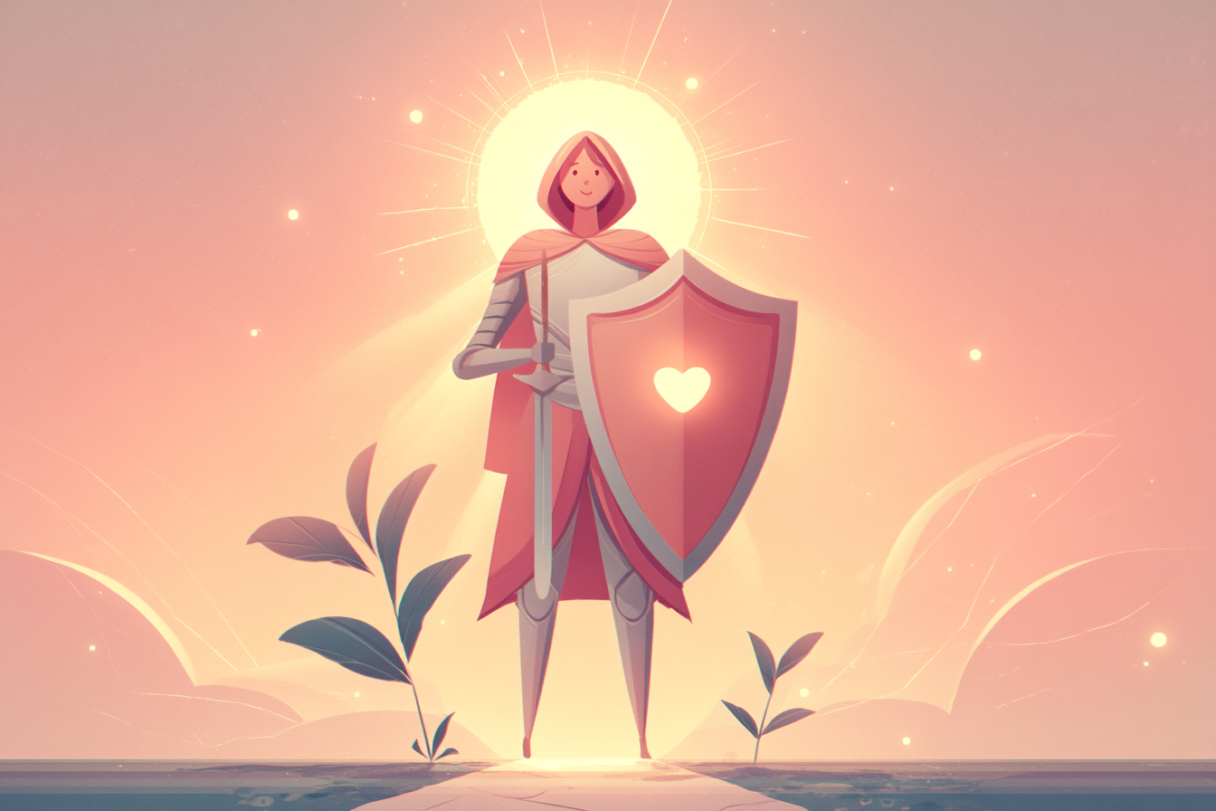 A cartoon-style illustration of a person with a soft halo wearing glowing spiritual armor, holding a shield and open Bible, standing on a sunrise-lit path with a small sprout nearby.
