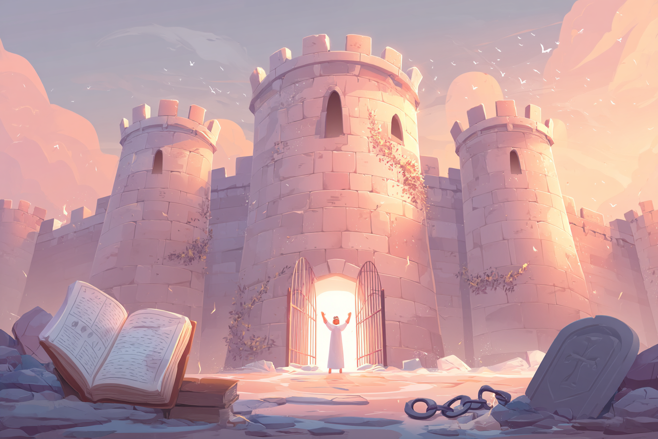 A cartoon-style illustration of a glowing stone fortress with a person with a soft halo standing at the gate, arms lifted, with broken chains, an open Bible, and climbing vines nearby.