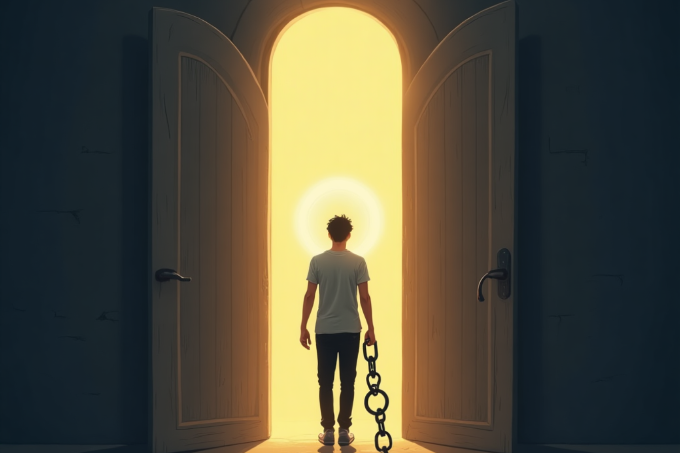 A cartoon illustration of a person holding a heavy chain while a divine light offers them a key, with a soft halo above their head and an open gate behind them.