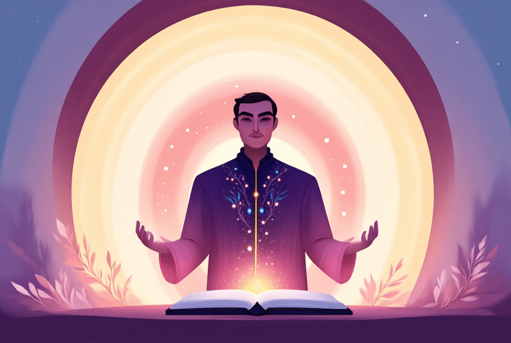 A cartoon-style illustration of a person with a soft halo raising a hand gently in a gesture of “no,” surrounded by warm light, an open Bible, and a small shield with a heart.