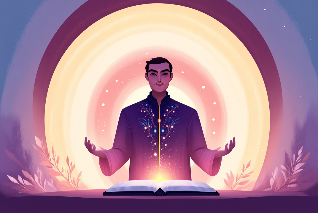 A cartoon-style illustration of a person with a soft halo raising a hand gently in a gesture of “no,” surrounded by warm light, an open Bible, and a small shield with a heart.