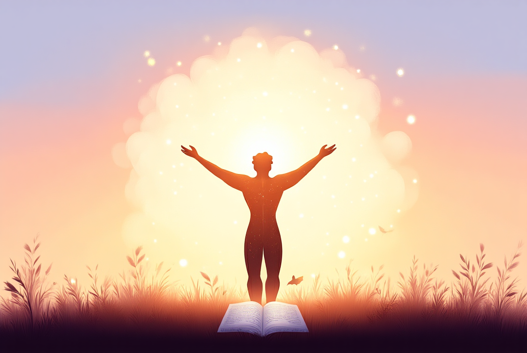 A cartoon-style illustration of a person with a soft halo lifting their arms in a sunrise field, broken chains falling from their wrists, with a bird taking flight and an open Bible nearby.