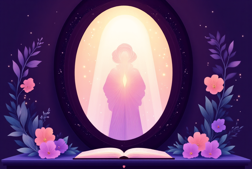 A cartoon-style illustration of a person with a soft halo looking into a mirror with a peaceful expression, surrounded by warm light, an open Bible, and a small flower nearby.