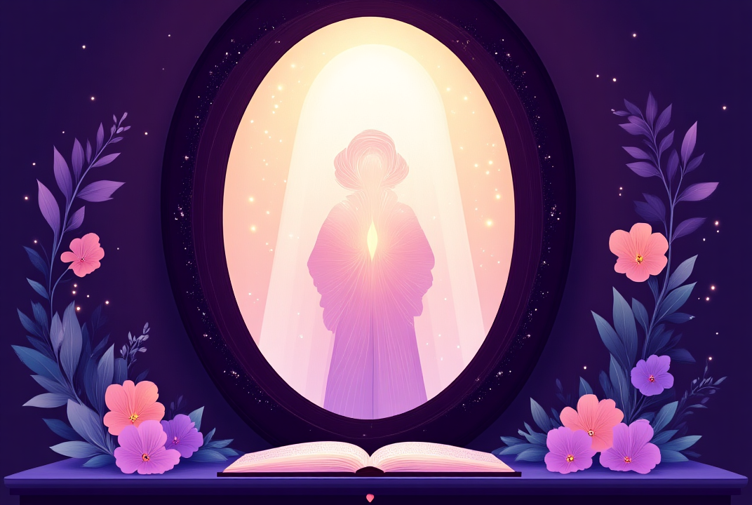 A cartoon-style illustration of a person with a soft halo looking into a mirror with a peaceful expression, surrounded by warm light, an open Bible, and a small flower nearby.