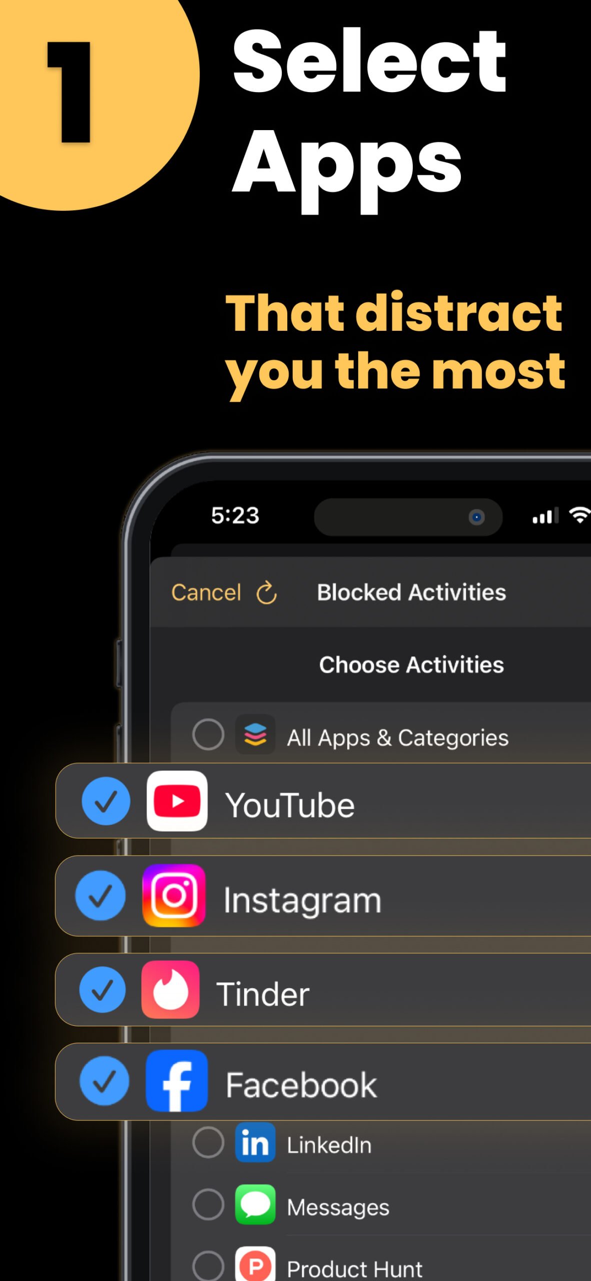 Phone screen showing list of distracting apps like TikTok, Instagram, and Facebook with the headline “Select Apps That Distract You the Most”