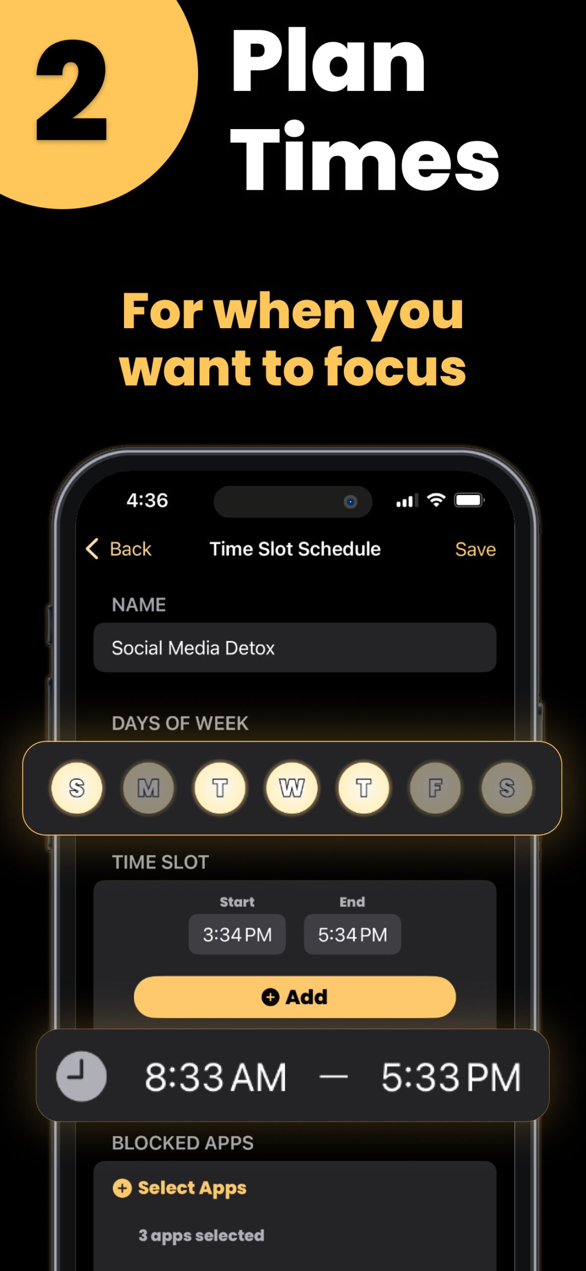 Phone screen showing time picker to schedule focus sessions with the headline “Plan Times – For when you want to focus”