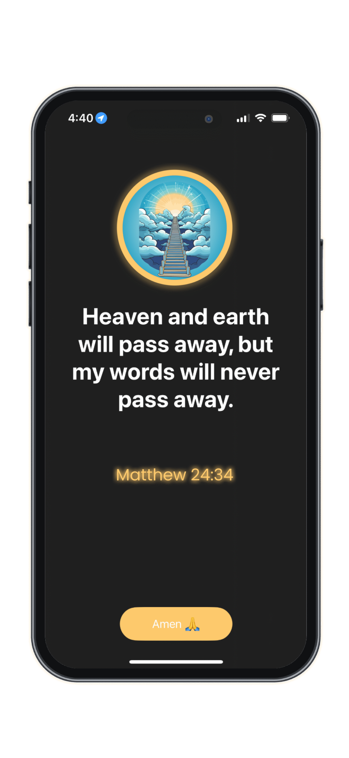 iPhone screen showing Bible verse from Matthew 24:35 in the Holy Focus app interface