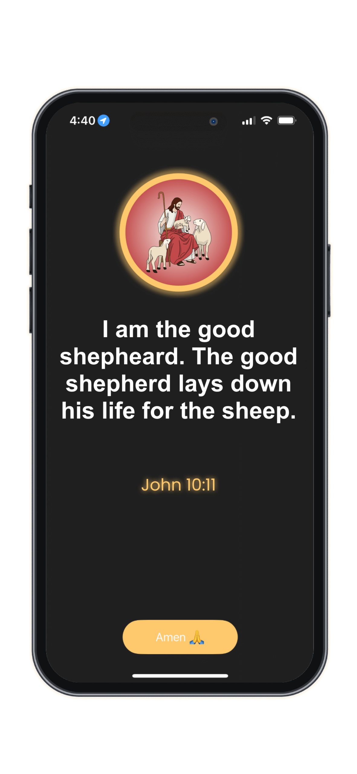 Mobile screen showing John 10:11 Bible verse in the Holy Focus app: "I am the good shepherd..."