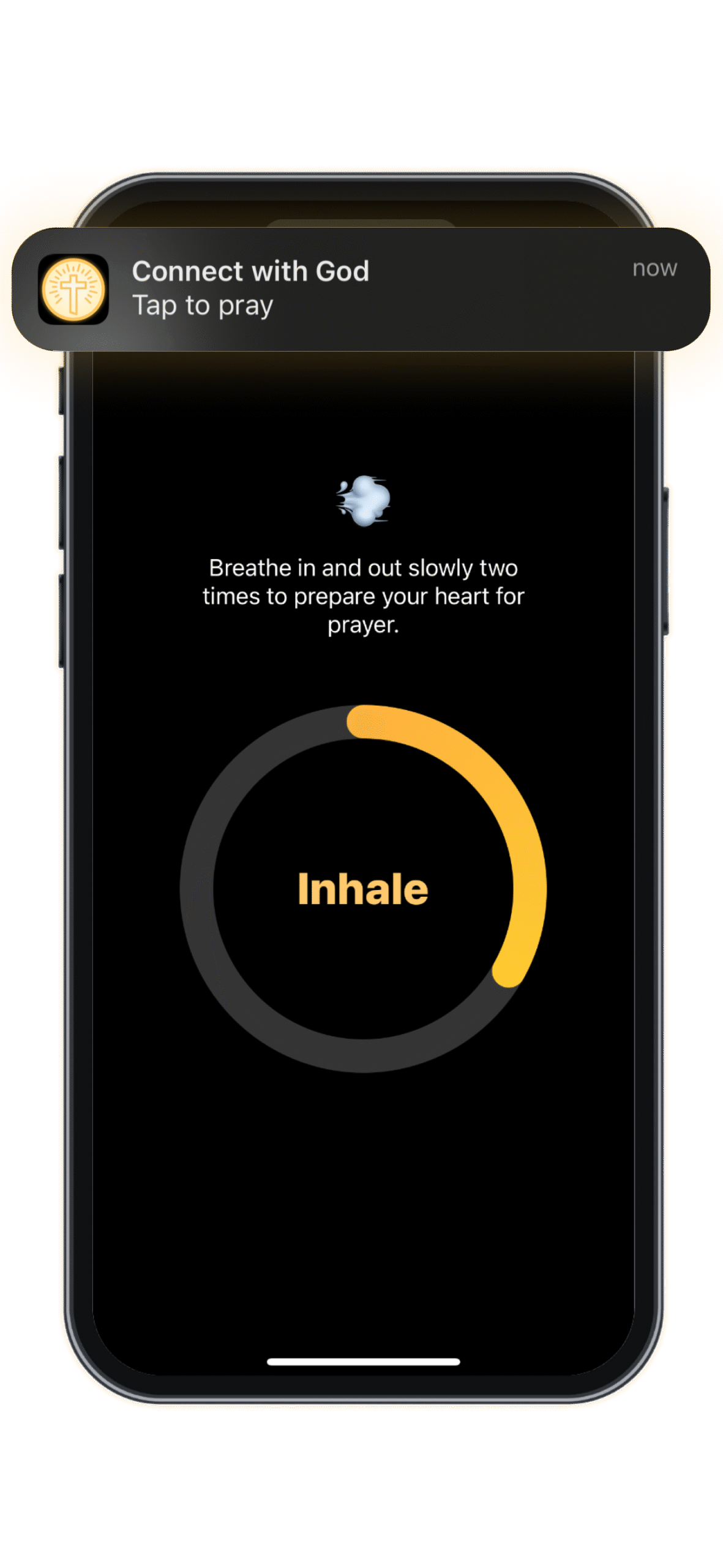 Breathing exercise screen from the Holy Focus app with "Inhale" animation and spiritual reflection