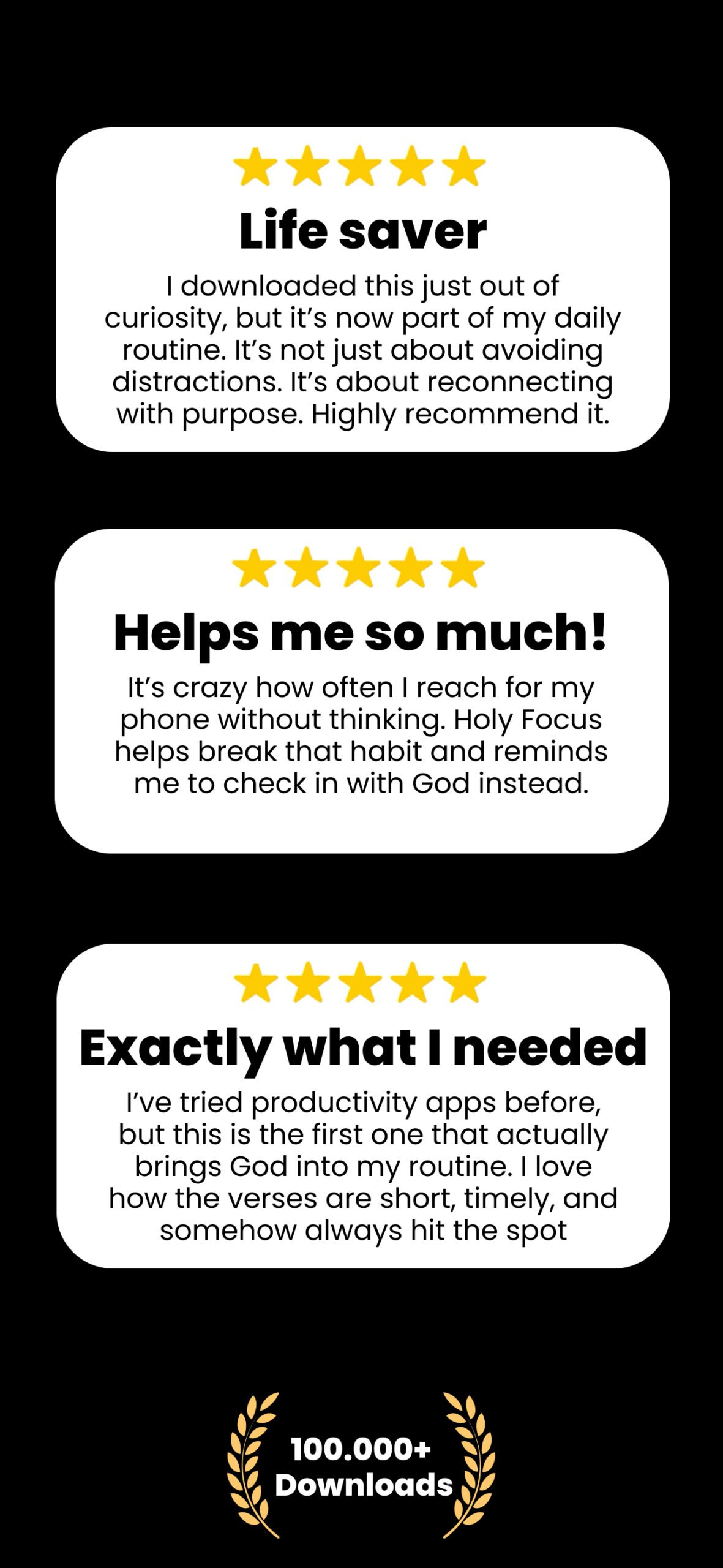 Three 5-star app reviews with quotes like “Life saver”, “Helps me so much!”, and “Exactly what I needed”, plus a badge for 100,000+ downloads