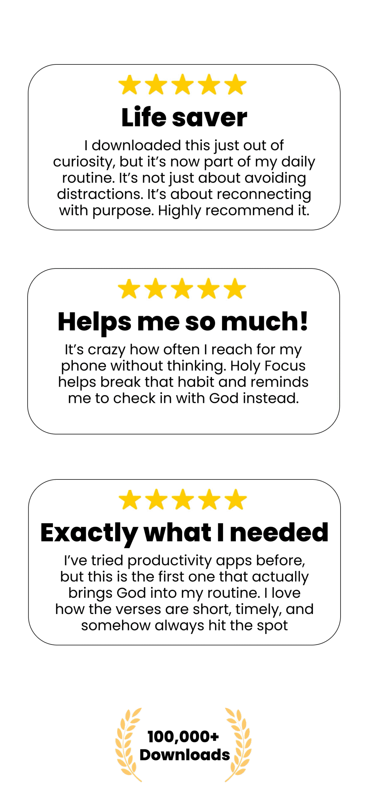 Three 5-star user reviews for the Holy Focus app, with a badge highlighting 100,000+ downloads