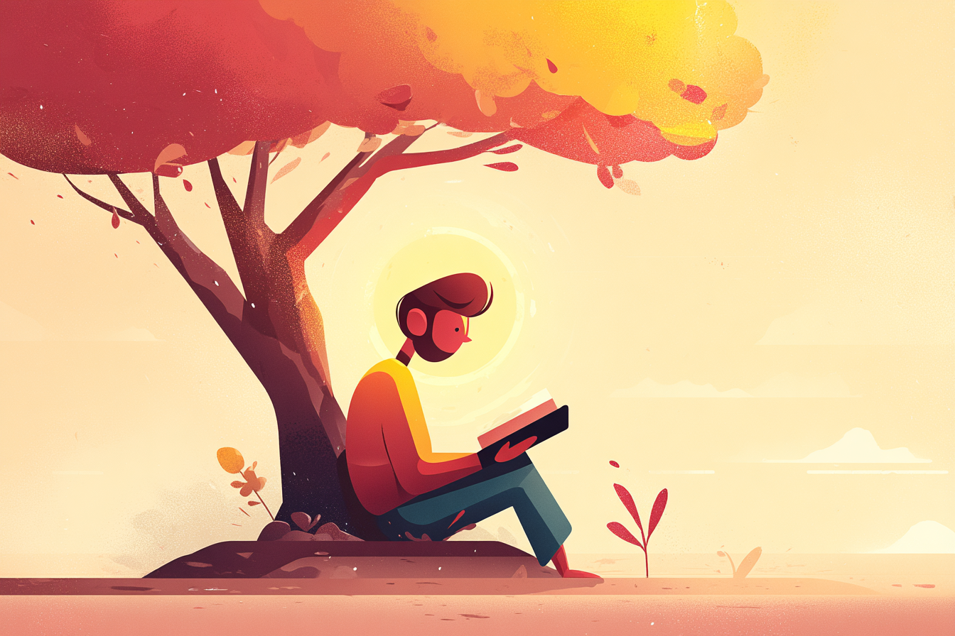 A cartoon illustration of a person with a halo sitting quietly under a tree at sunset, head bowed with an open Bible in their lap and a small flower nearby.