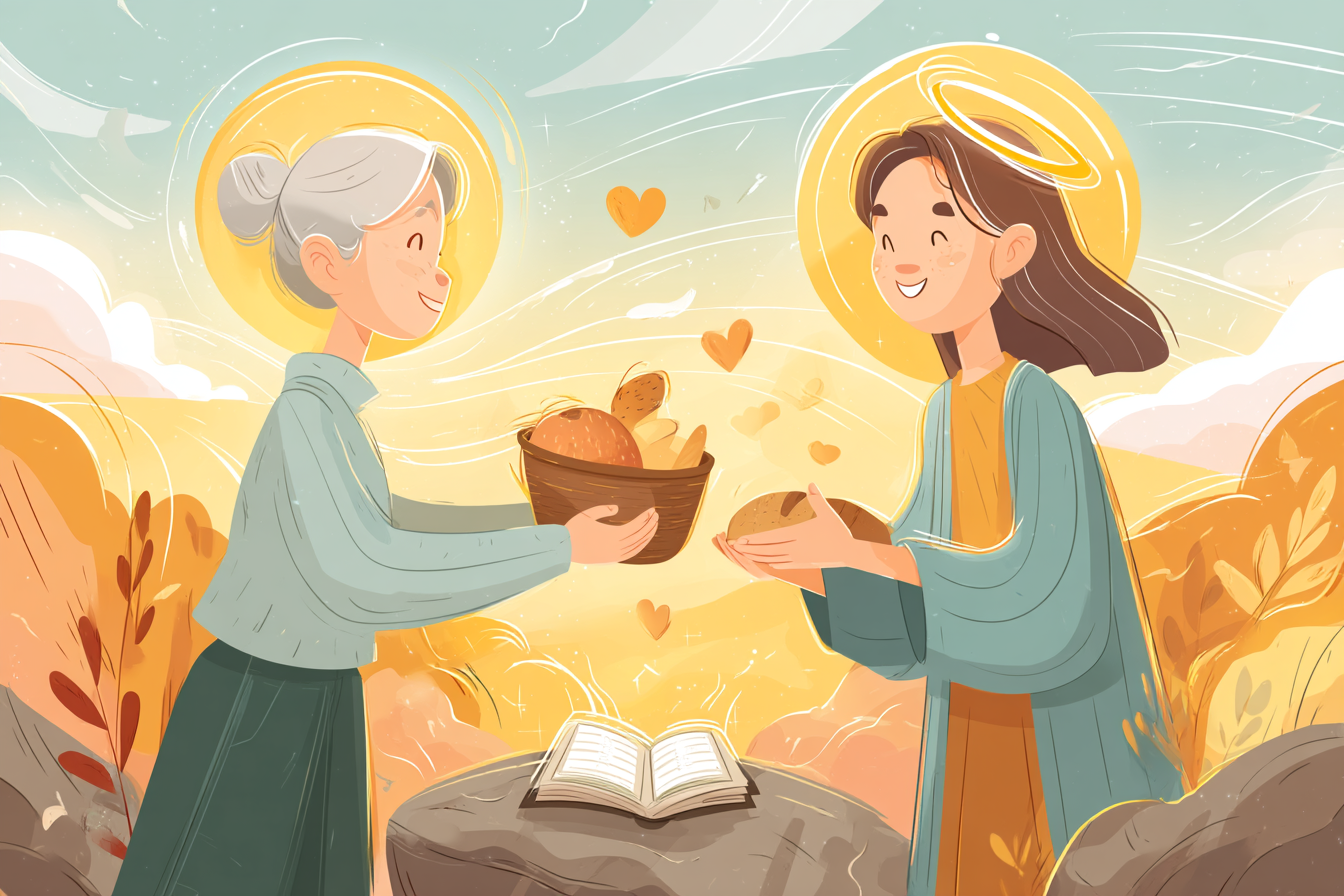 A cartoon illustration of a person with a halo joyfully giving a basket of bread and fruit to another, with golden light between them and an open Bible nearby.