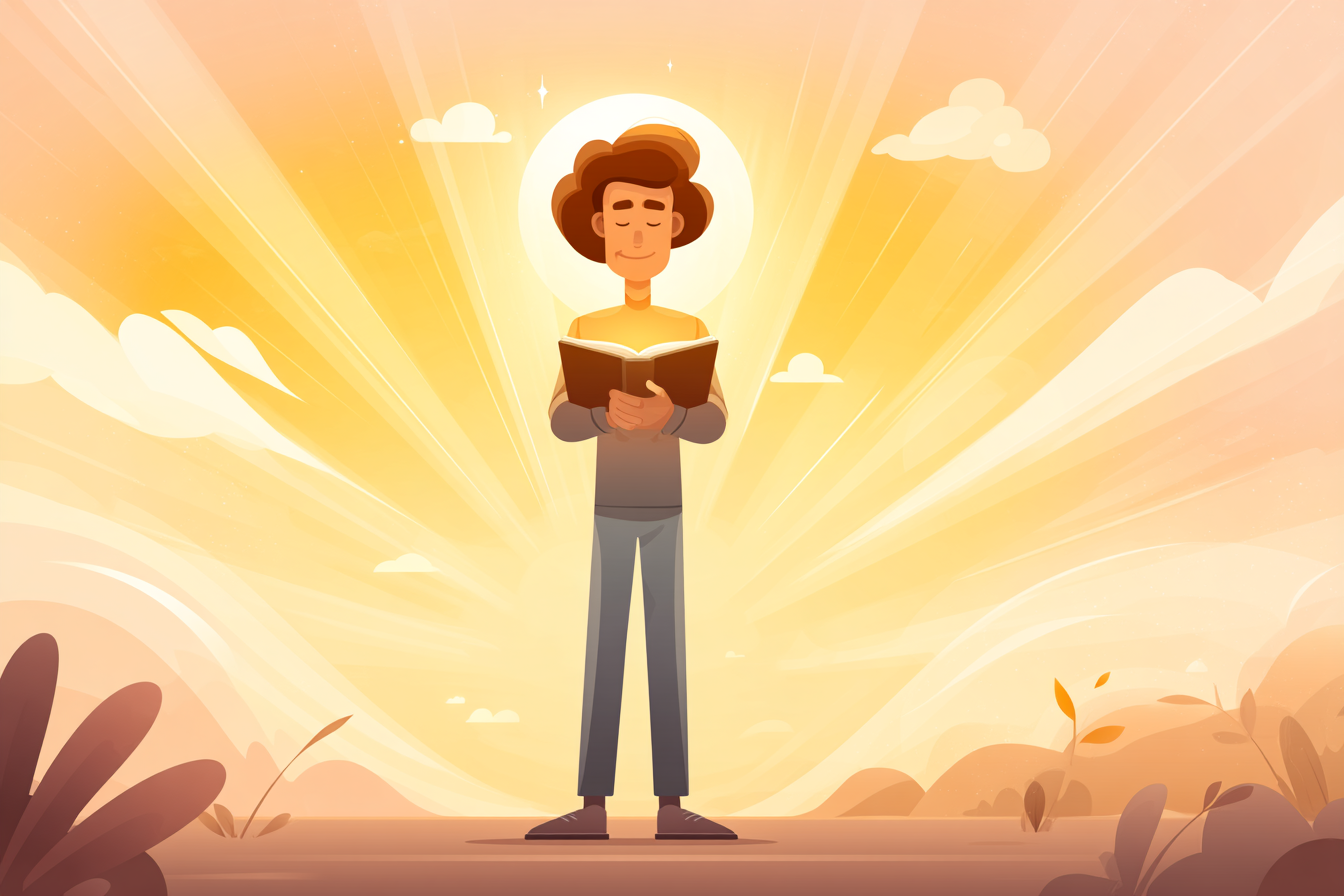 A cartoon illustration of a person with a halo standing peacefully under a golden sunrise, holding an open Bible with calm light radiating outward.