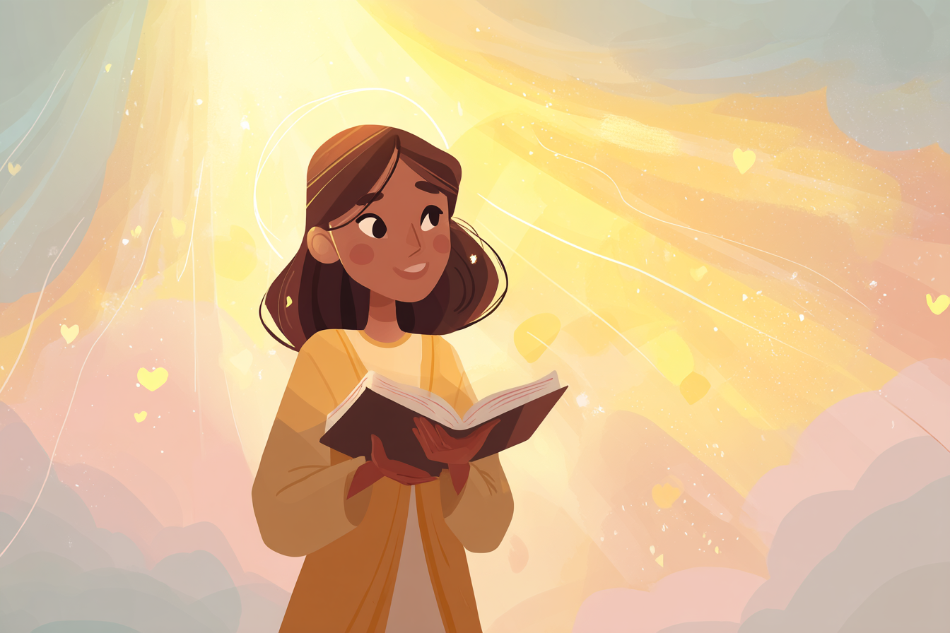 A cartoon illustration of a person with a halo speaking gently with golden light and heart symbols flowing from their words, holding an open Bible.
