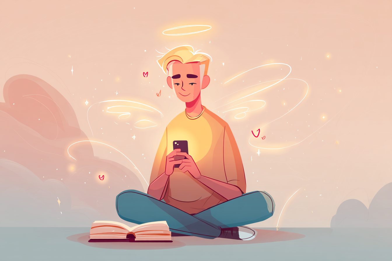 A cartoon illustration of a person with a halo holding a phone glowing with warm light, small hearts flowing from it, an open Bible nearby.