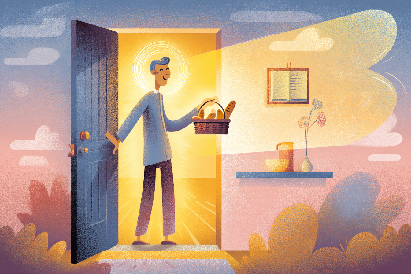 A cartoon illustration of a person with a halo opening their door, offering bread with a gentle smile, golden light behind them and an open Bible on a table nearby.