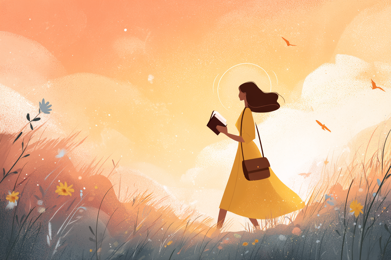 A cartoon illustration of a person with a halo walking peacefully through a sunrise field with wildflowers, holding an open Bible, and small birds flying overhead.