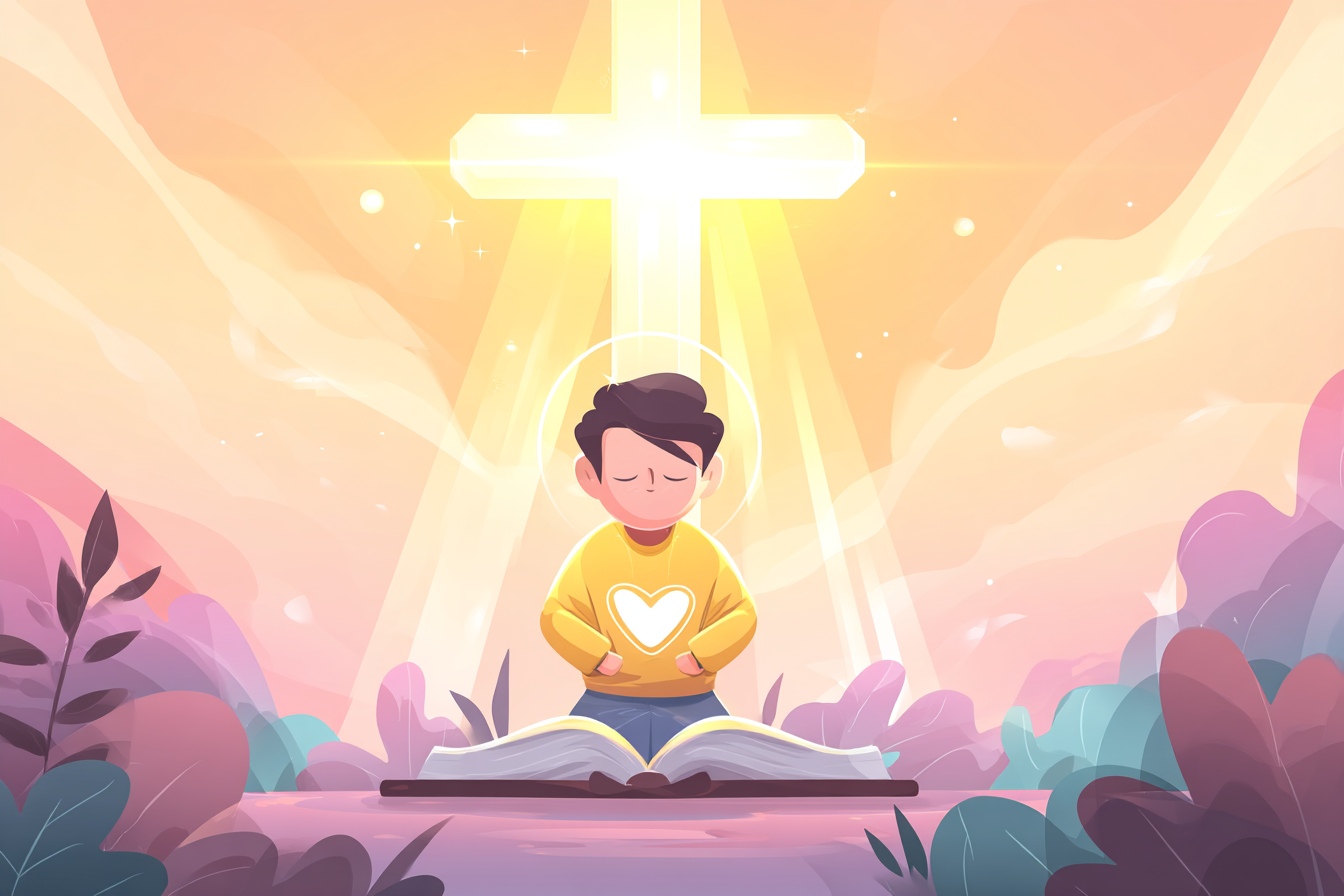 A cartoon illustration of a person with a halo kneeling at the foot of a radiant cross at sunrise, hands open, with an open Bible and glowing heart symbol nearby.
