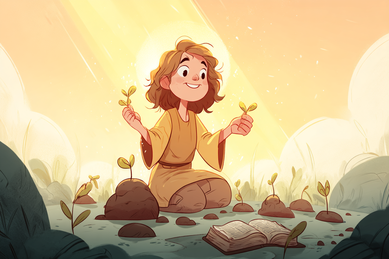 A cartoon illustration of a person with a halo joyfully planting seeds in a sunrise-lit garden with sprouts growing and an open Bible nearby.