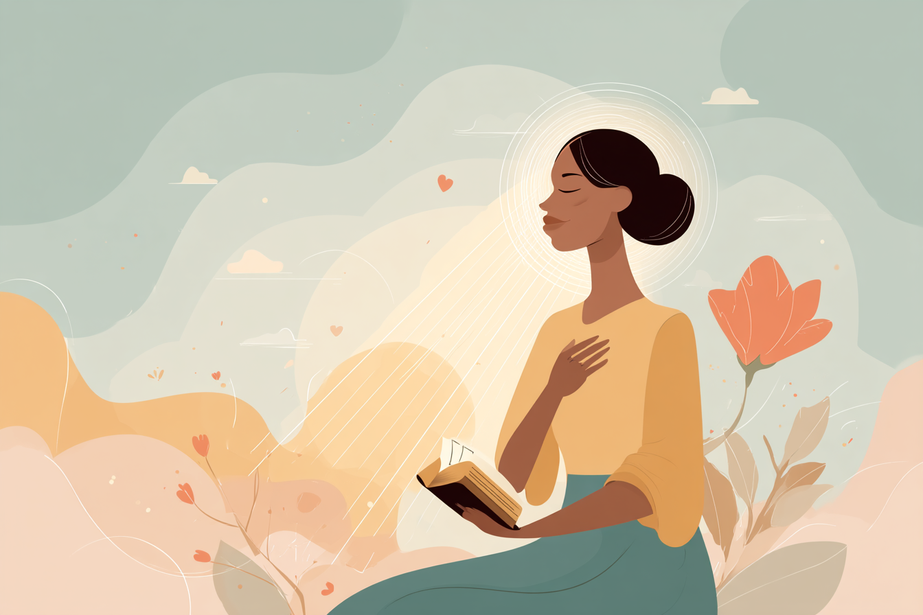 A cartoon illustration of a person with a halo sitting quietly with a hand on their heart and an open Bible, golden light shining down and a flower blooming nearby.