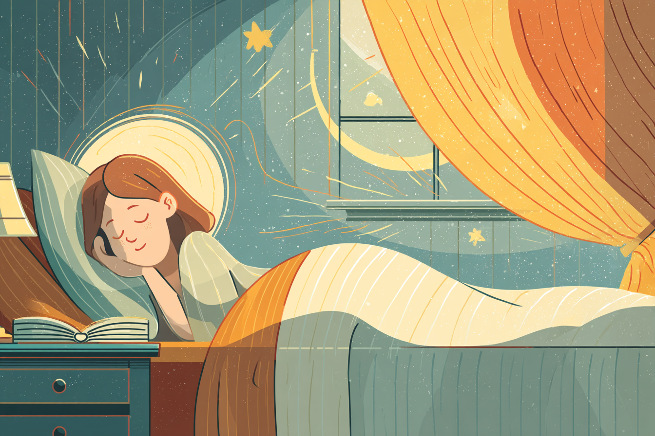 A cartoon illustration of a person with a halo resting peacefully in bed with golden moonlight, an open Bible on a bedside table, and stars glowing outside.