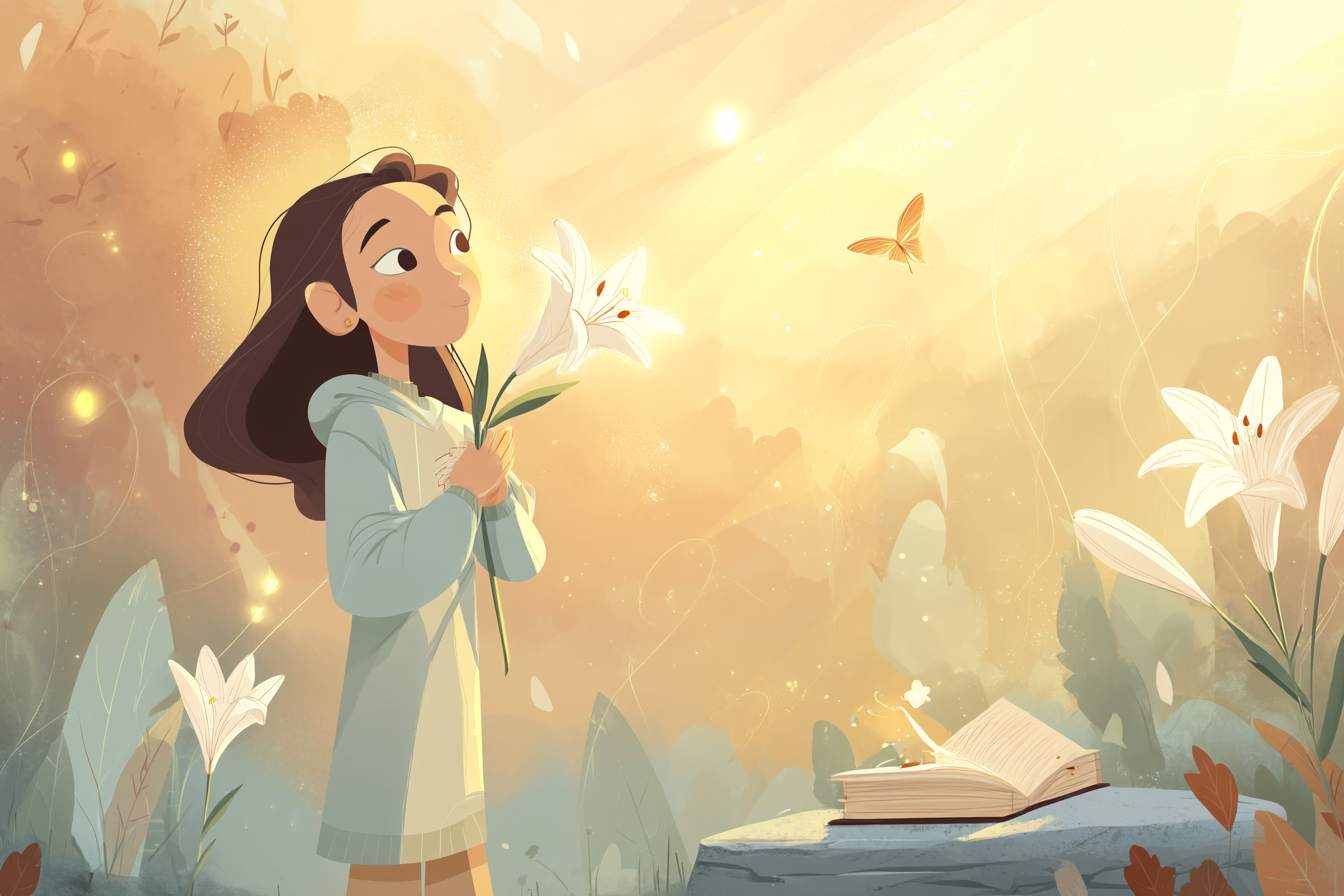 A cartoon illustration of a person with a halo holding a white lily in a sunrise-lit garden, warm light around them, with butterflies and an open Bible nearby.