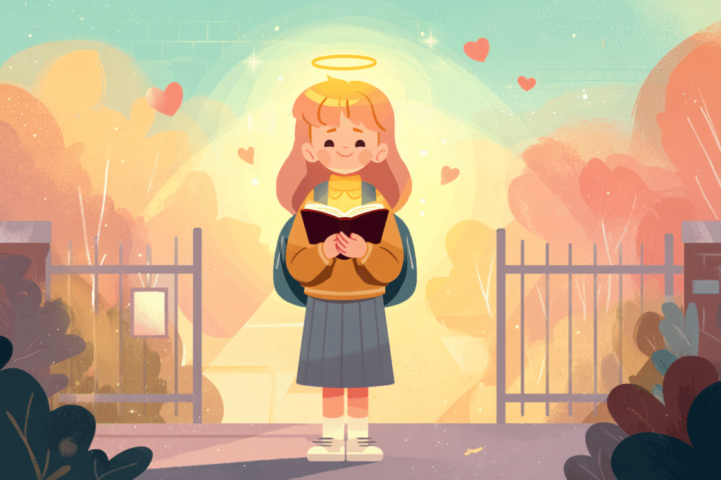 A cartoon illustration of a child with a halo and backpack standing at a school gate, holding an open Bible, surrounded by warm sunrise light and small hearts.