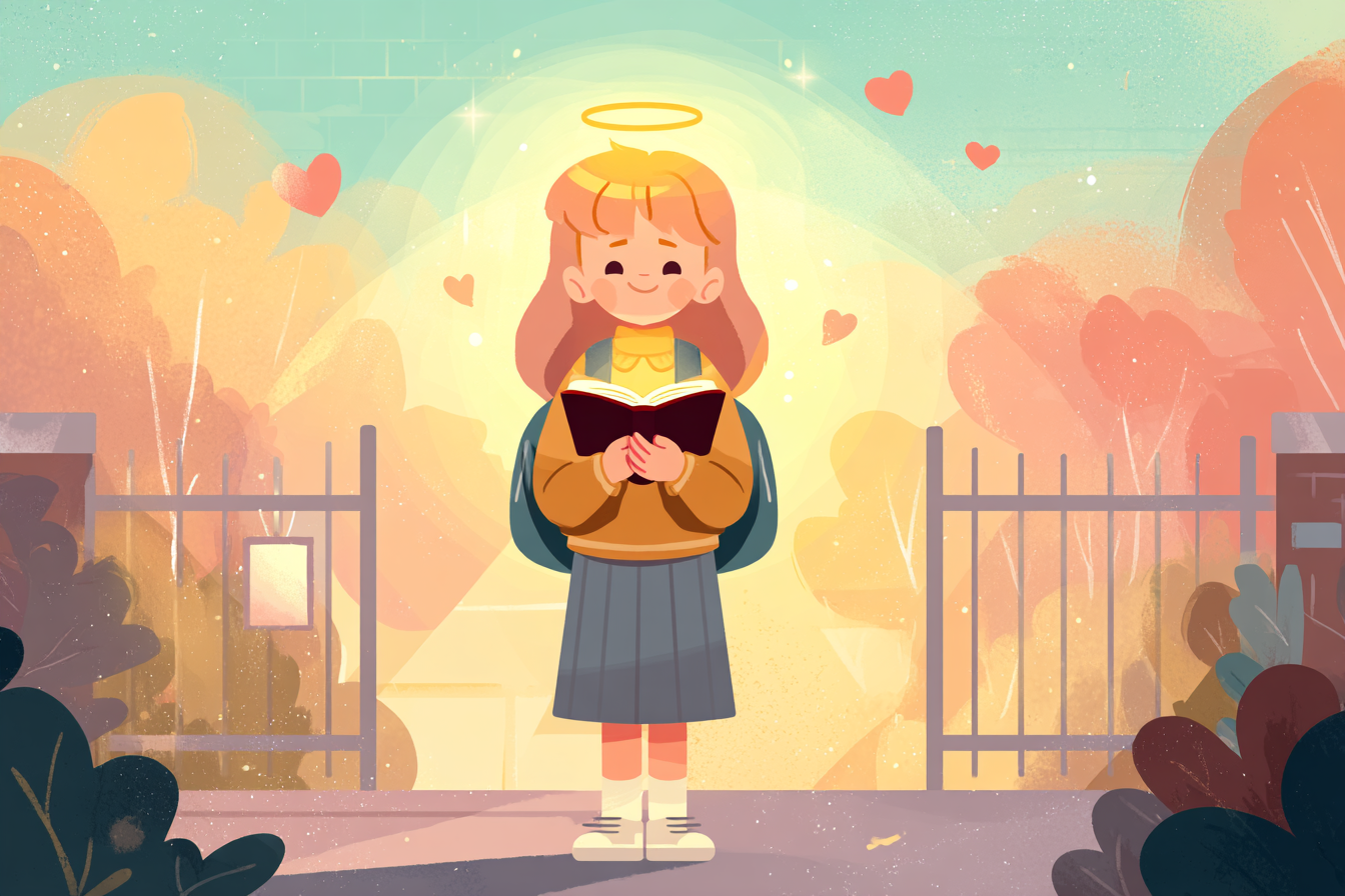 A cartoon illustration of a child with a halo and backpack standing at a school gate, holding an open Bible, surrounded by warm sunrise light and small hearts.