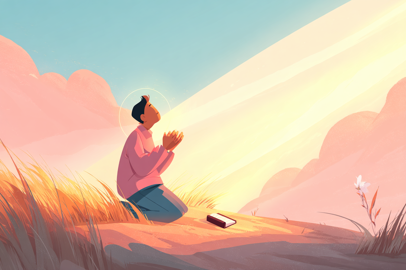 A cartoon illustration of a person with a halo kneeling in prayer on a sunrise hill with raised arms, golden light shining down, an open Bible and a small white flower nearby.