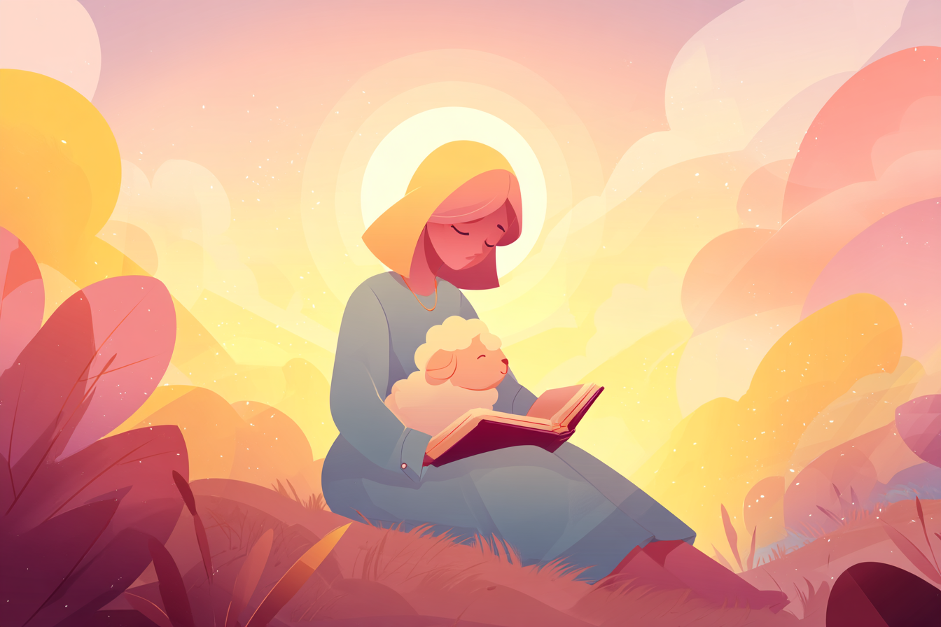 A cartoon illustration of a person with a halo sitting in a sunrise meadow with an open Bible in their lap and a small lamb beside them, surrounded by soft golden light.