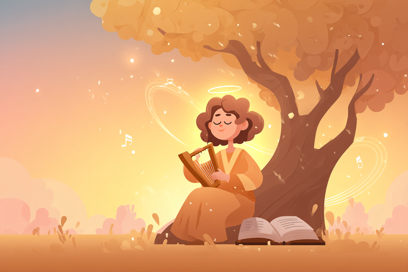 A cartoon illustration of a person with a halo playing a harp under a sunrise tree, musical notes glowing in the air and an open Bible beside them.