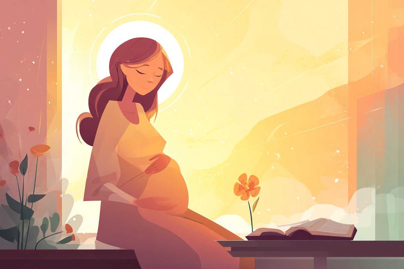 A cartoon illustration of a pregnant woman with a halo sitting peacefully, hands on her belly, with golden light, an open Bible, and a blooming flower nearby.