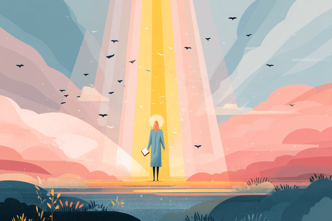A cartoon illustration of a person with a halo breaking free from invisible chains, holding an open Bible, with golden light and birds flying upward in the background.