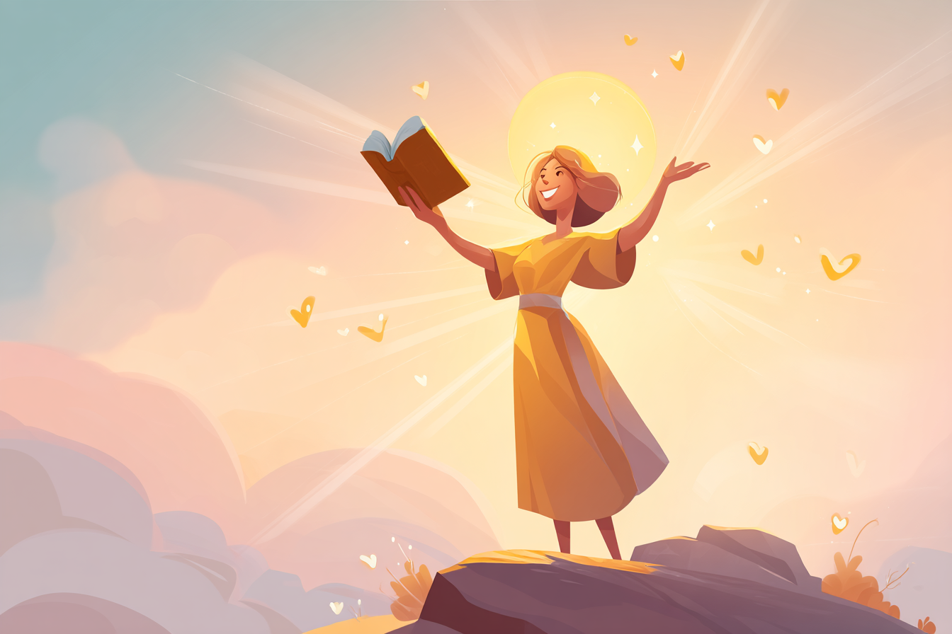 A cartoon illustration of a person with a halo holding up an open Bible on a sunrise hilltop, reaching out with the other hand, with warm light and heart symbols flowing outward.