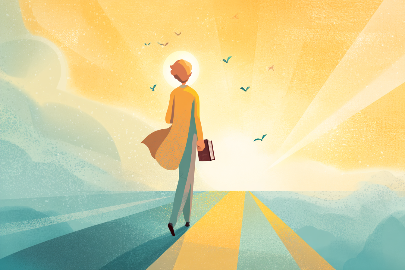 A cartoon illustration of a person with a halo walking forward on a sunrise path, carrying an open Bible, leaving behind shadows with birds flying ahead.