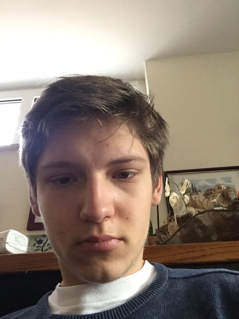 A young man indoors taking a downward-angle selfie with a serious expression, sitting near a mantle with framed art and decorative pieces
