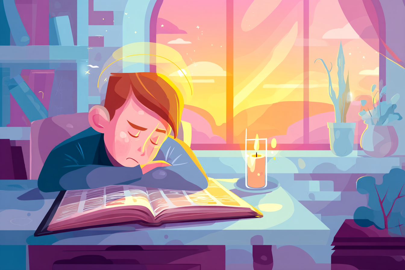 A cartoon illustration of a tired person with a halo resting their head on an open Bible at a desk, golden light coming through a window and a candle glowing beside them.