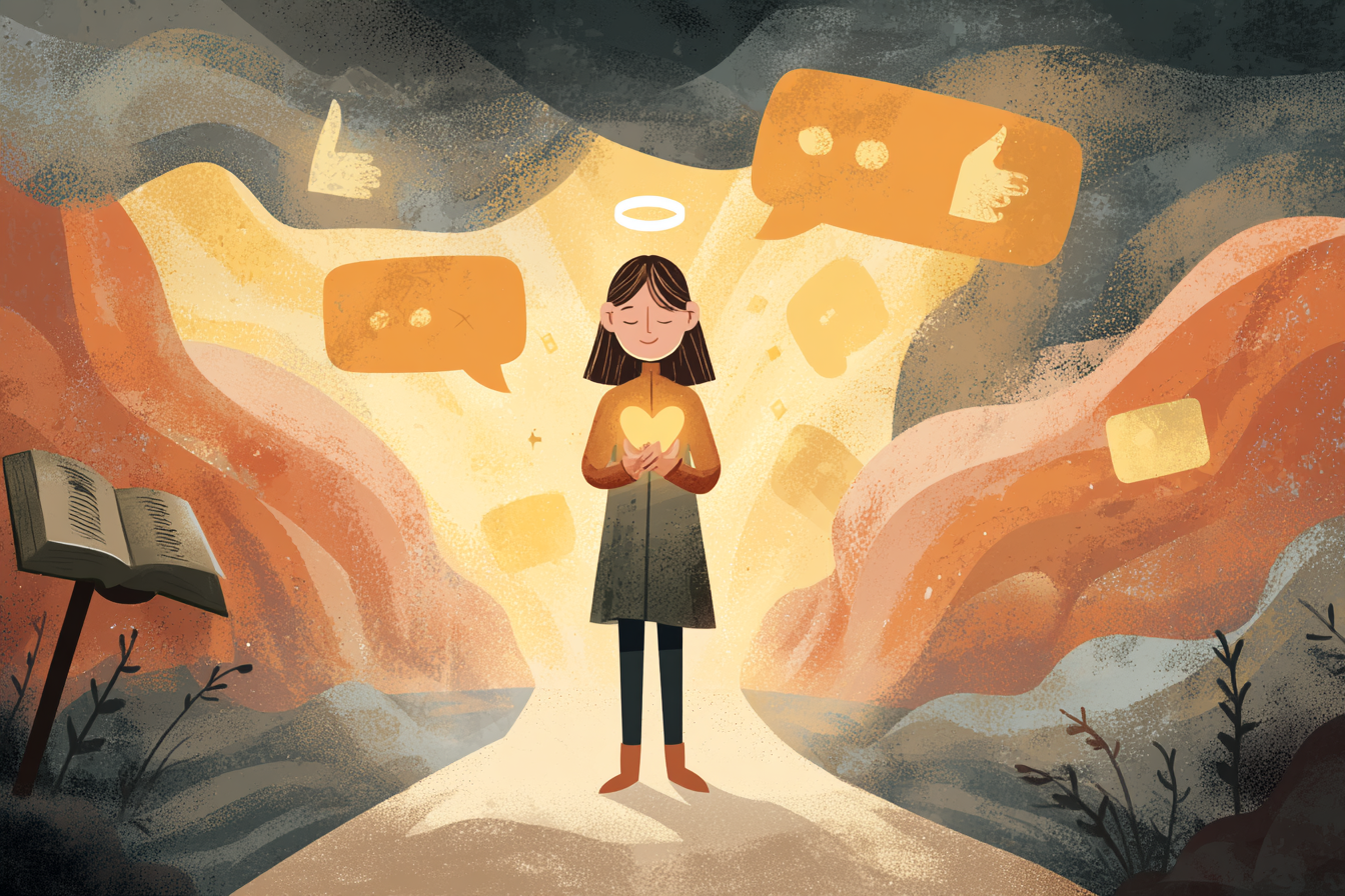 A cartoon illustration of a person with a halo standing at a crossroads, holding a glowing heart, with faded approval icons behind and a Bible-lit path ahead.