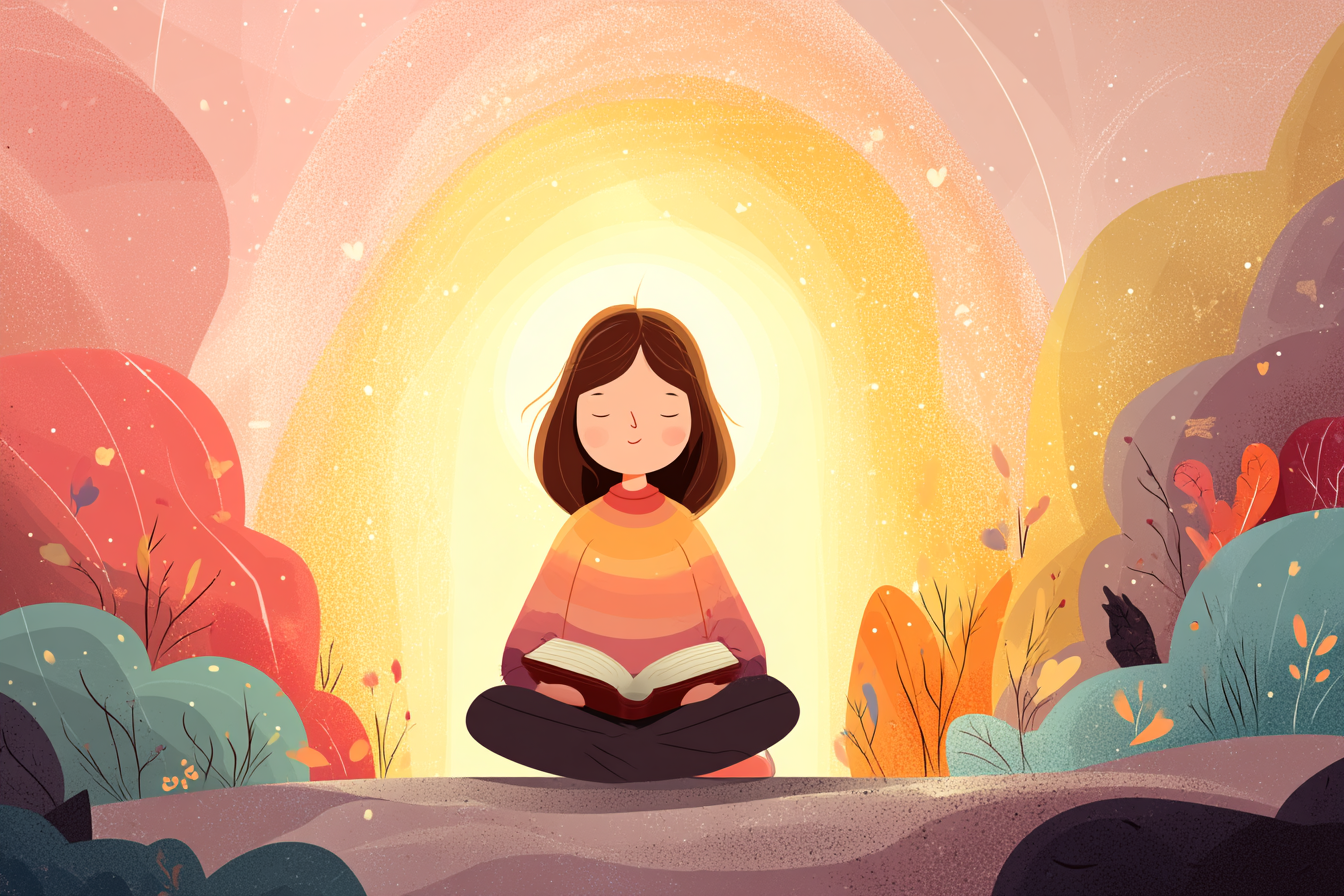 A cartoon illustration of a person with a halo sitting peacefully with open arms in front of a glowing doorway, an open Bible on their lap and flowers blooming nearby.