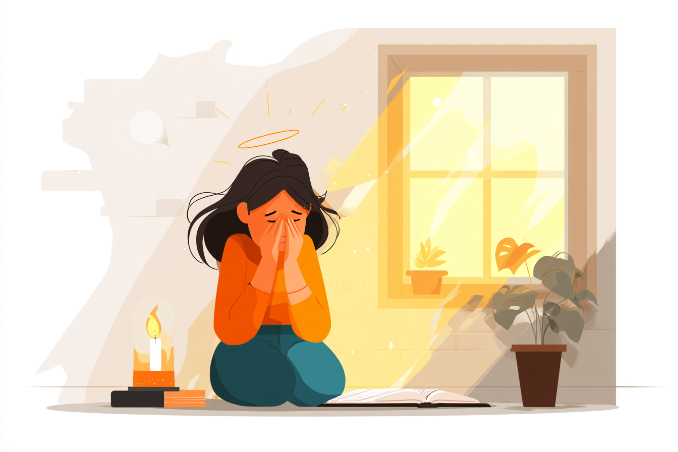 A cartoon illustration of a person with a halo sitting on the floor with hands covering their face, golden light coming through a window, and a Bible beside them.