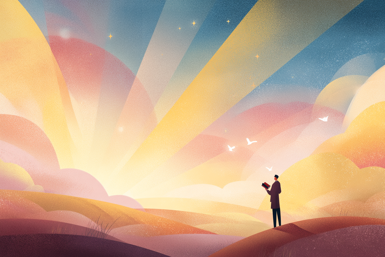 A cartoon illustration of a person with a halo standing on a hilltop, holding an open Bible while gazing at golden light and clouds forming a heavenly gate in the sky.