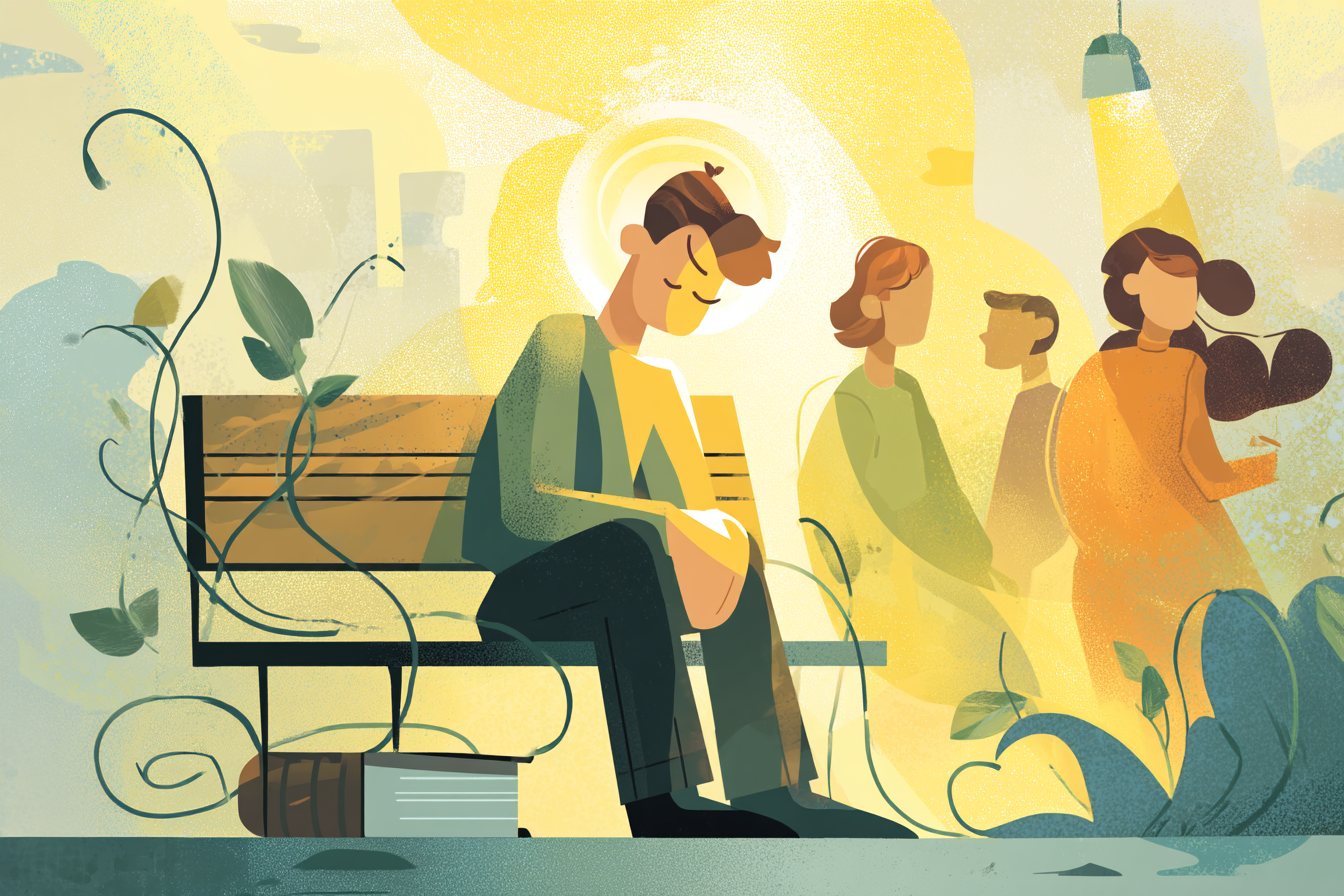 A cartoon illustration of a person with a halo sitting on a bench in quiet reflection as two others talk nearby, golden light shining down and an open Bible beside them.