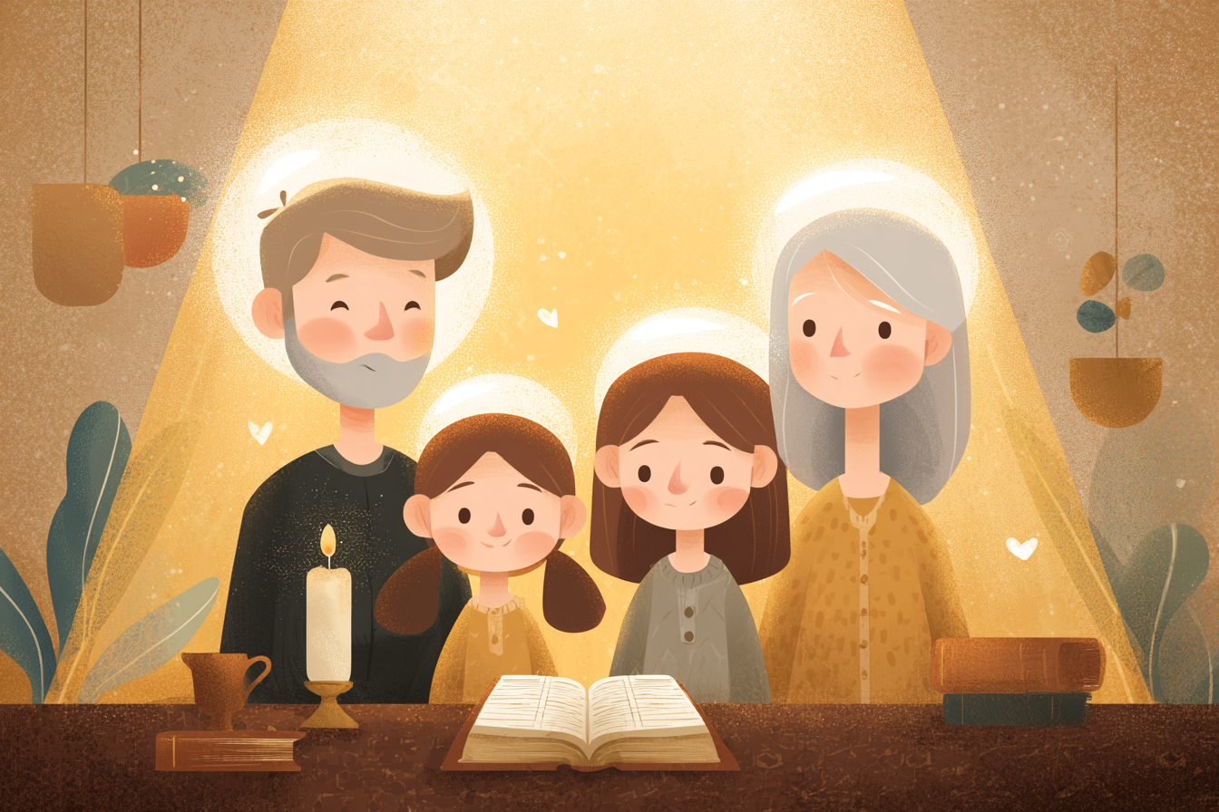 A cartoon illustration of a family with halos praying together at a table in a warmly lit home, with an open Bible and candle nearby.