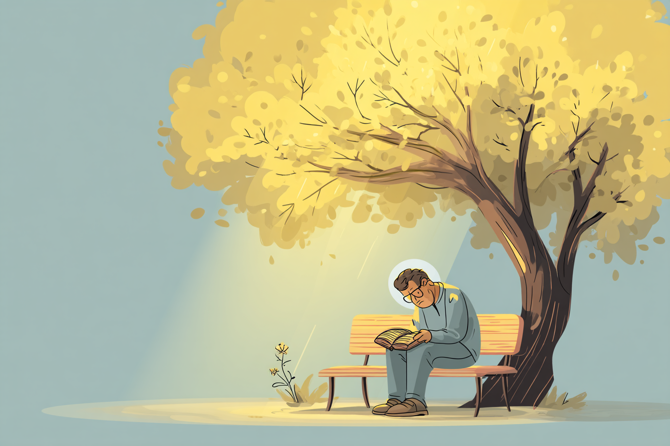 A cartoon illustration of a tired person with a halo resting on a bench under a tree, golden light filtering through leaves and a Bible and flower beside them.